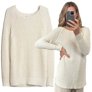 Wilfred Aritzia White Linen Cotton Blend Knit Crochet Woven Side Slit Sweater